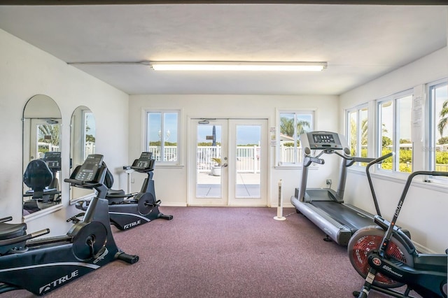 workout area featuring carpet flooring and french doors