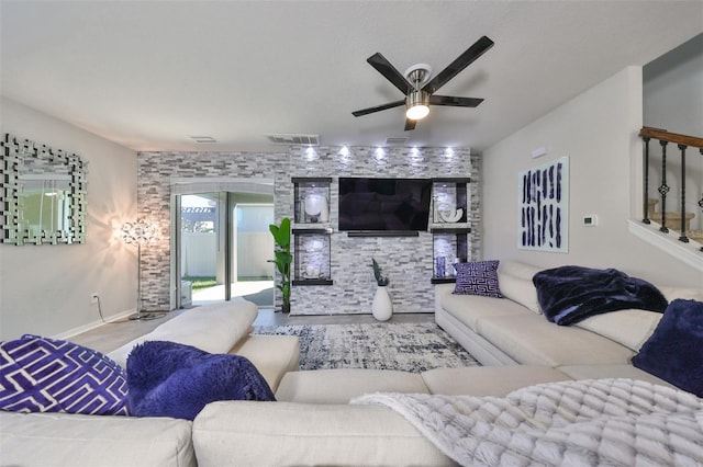 living room featuring light hardwood / wood-style floors and ceiling fan