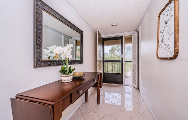 doorway featuring a textured ceiling and light tile patterned floors