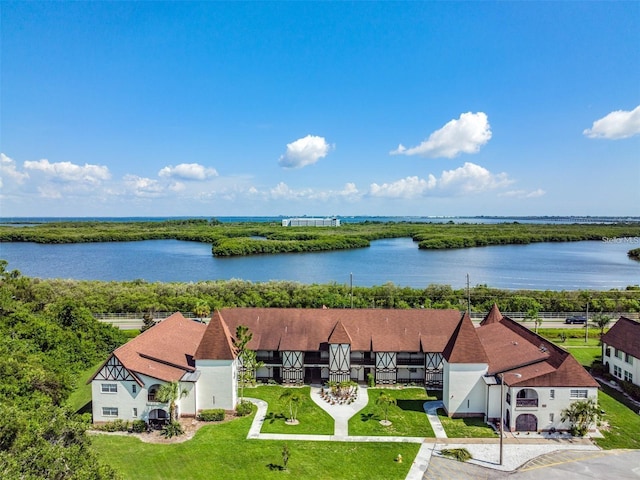 aerial view featuring a water view