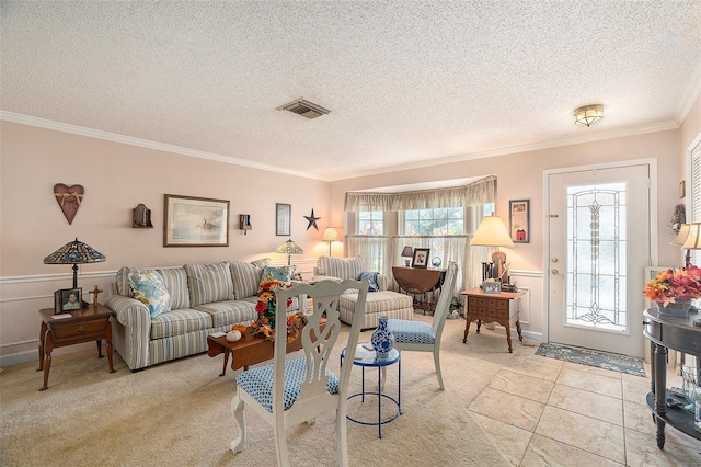 carpeted living room featuring crown molding and a textured ceiling