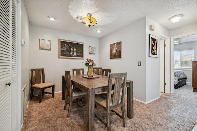 carpeted dining room featuring a textured ceiling