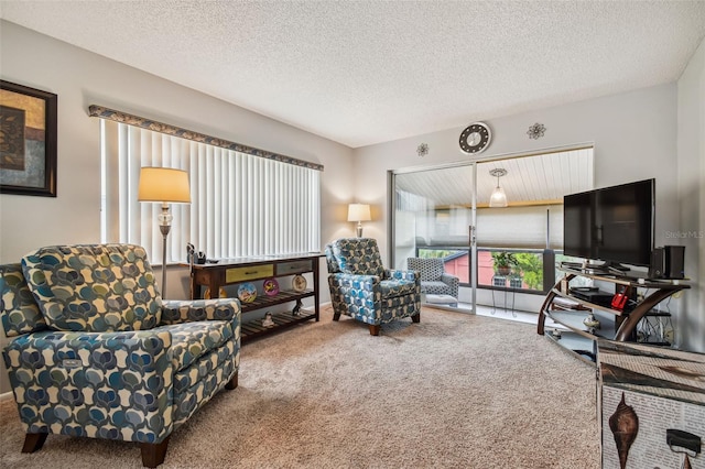 carpeted living room featuring a textured ceiling