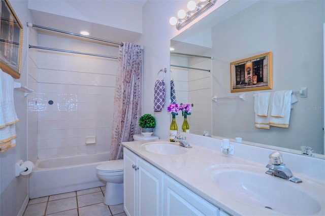 full bathroom with toilet, tile patterned floors, shower / bathtub combination with curtain, and vanity