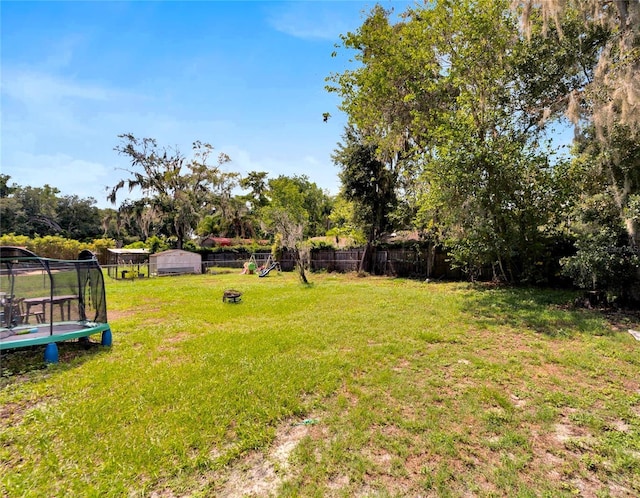 view of yard featuring a shed and a trampoline