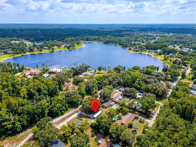 drone / aerial view featuring a water view