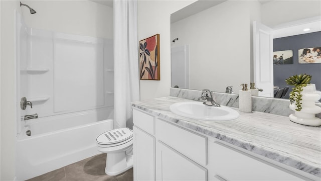 full bathroom with shower / bathing tub combination, vanity, toilet, and tile patterned floors