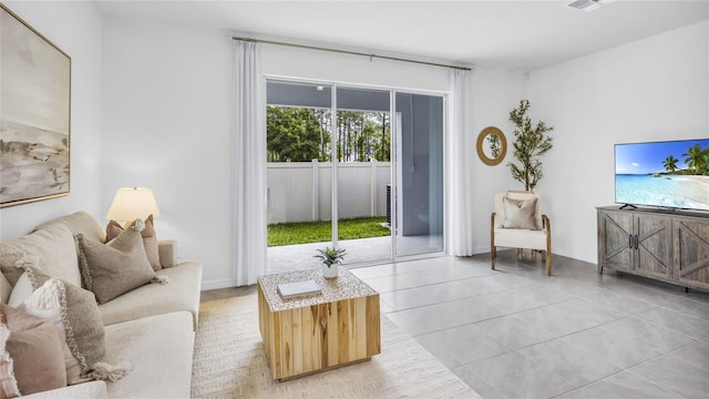 living room with light tile patterned floors