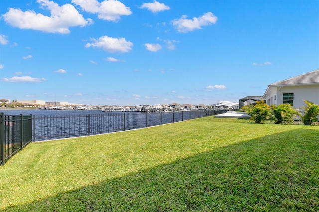 view of yard with a water view