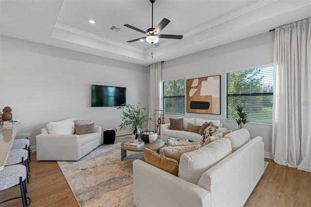 living room featuring ornamental molding, a healthy amount of sunlight, light hardwood / wood-style floors, and a raised ceiling