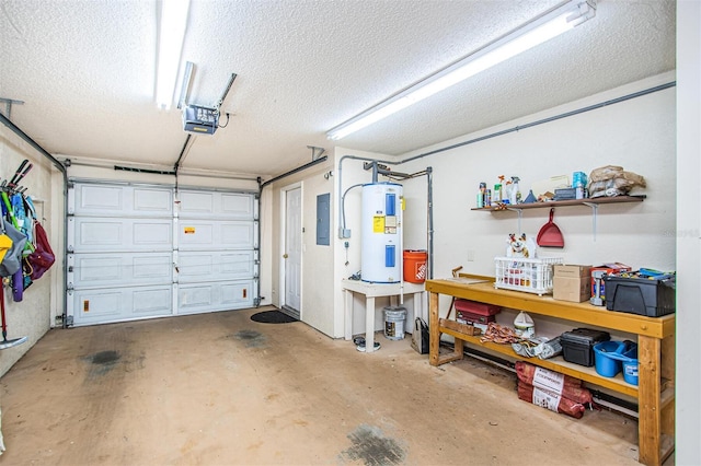 garage with a garage door opener, electric panel, and water heater