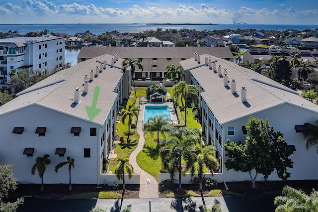 aerial view featuring a water view