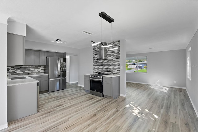 kitchen with gray cabinets, stainless steel appliances, sink, and light wood-type flooring