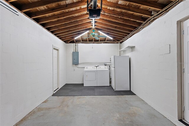 4300 16th Ave N, Saint Petersburg, FL 33713 - laundry area featuring electric panel, laundry area, washer and dryer, ceiling fan, and concrete block wall