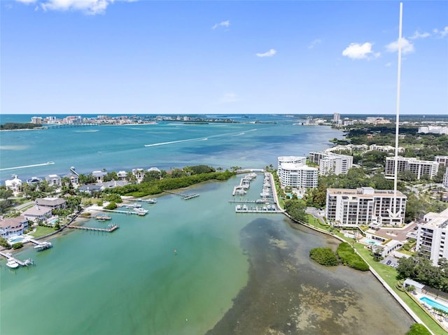 drone / aerial view with a water view