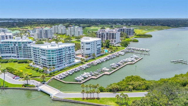 drone / aerial view with a water view