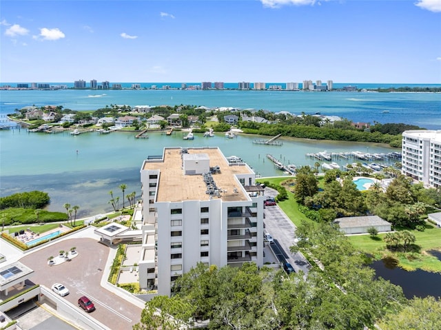 drone / aerial view featuring a water view