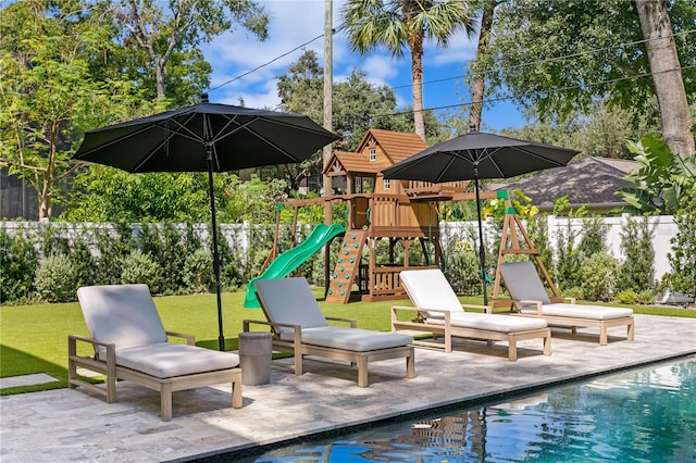 exterior space with a patio and a fenced in pool