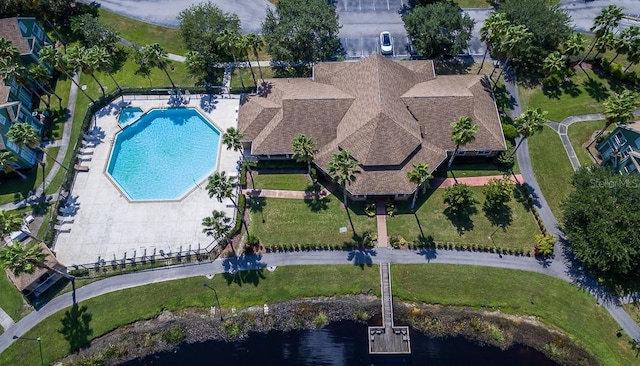 aerial view featuring a water view