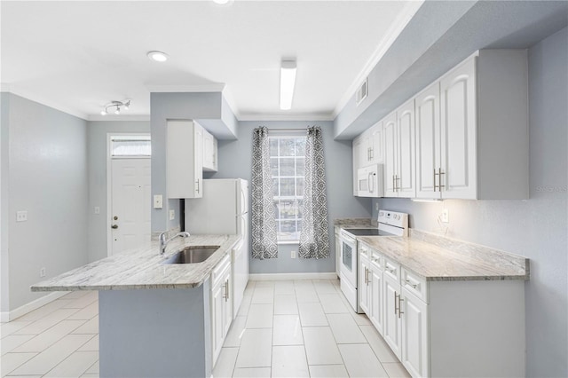 kitchen with sink, white cabinetry, crown molding, and white appliances