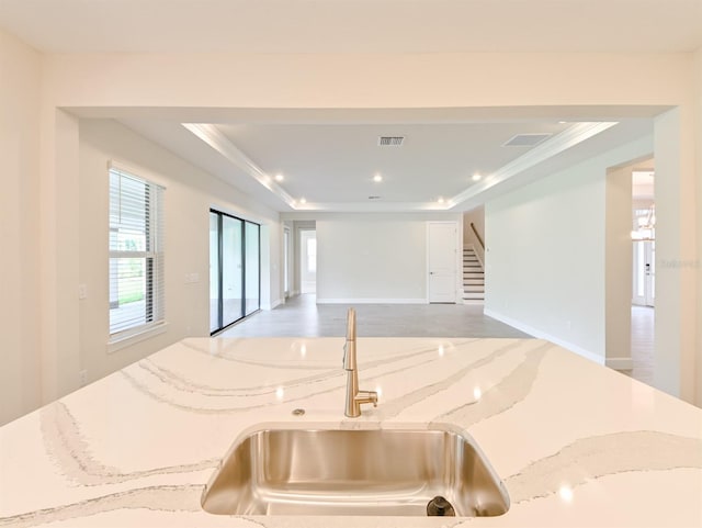 interior space with ornamental molding, light stone countertops, sink, and a raised ceiling