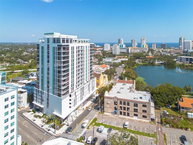 drone / aerial view featuring a water view