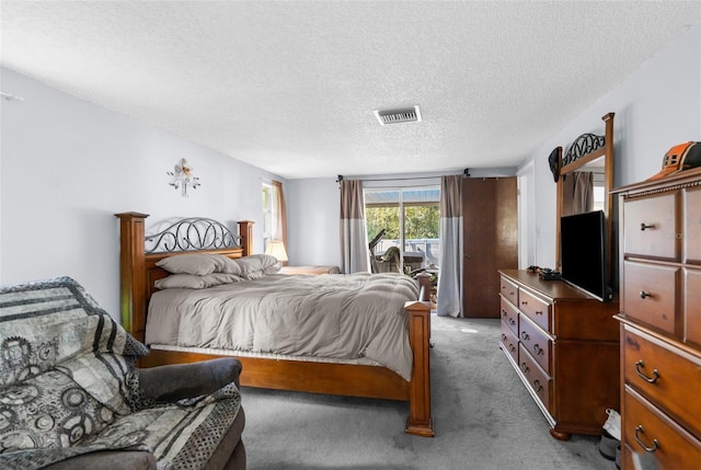 bedroom featuring light carpet, access to outside, and a textured ceiling