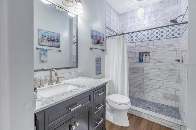 bathroom featuring vanity, hardwood / wood-style flooring, toilet, and a shower with shower curtain