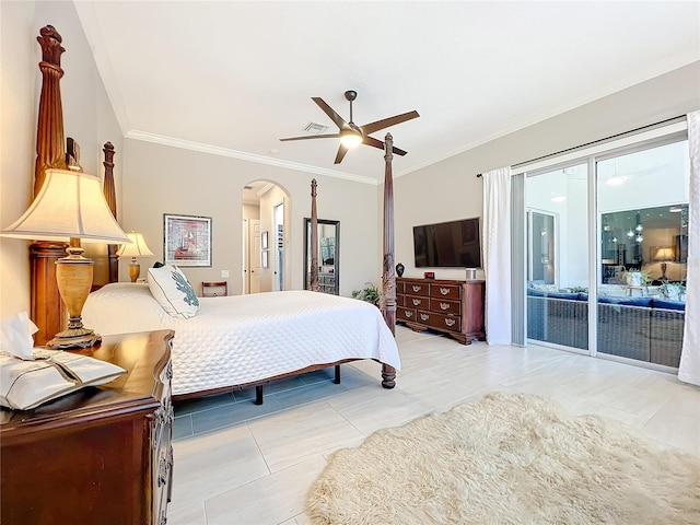 bedroom featuring crown molding, access to exterior, light tile patterned floors, and ceiling fan