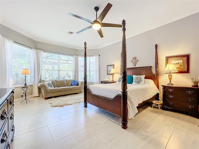 bedroom featuring ceiling fan, ornamental molding, multiple windows, and light tile patterned floors