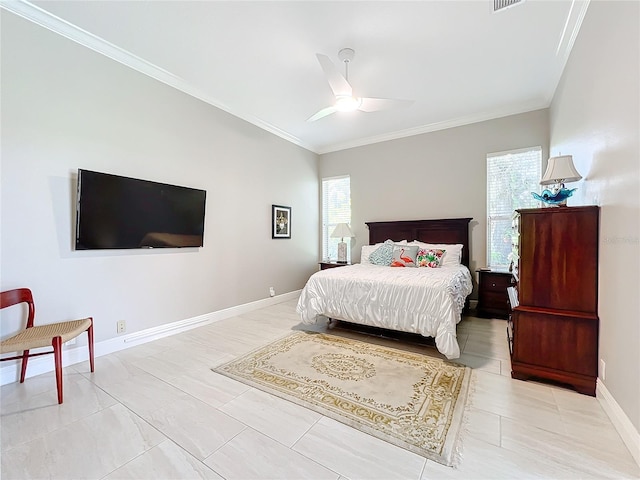 bedroom with ceiling fan and crown molding