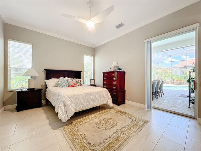 bedroom with multiple windows, ornamental molding, access to exterior, and ceiling fan