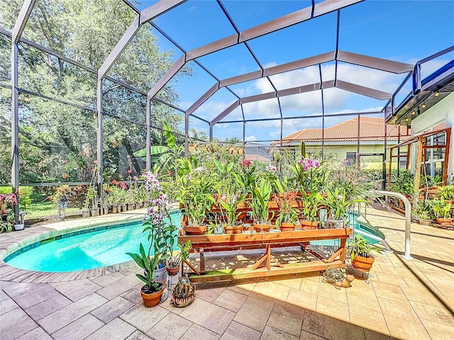 view of swimming pool with a patio and glass enclosure