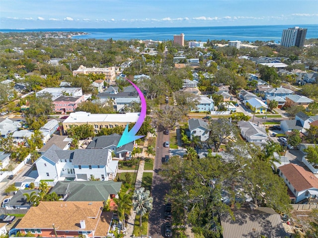 drone / aerial view featuring a water view