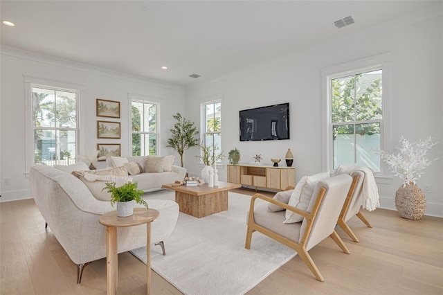 living room with crown molding, plenty of natural light, and light wood-type flooring