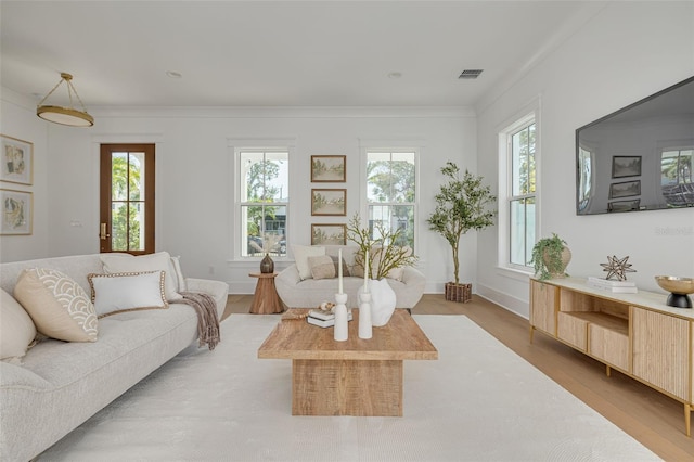 living room featuring hardwood / wood-style floors, a wealth of natural light, and ornamental molding