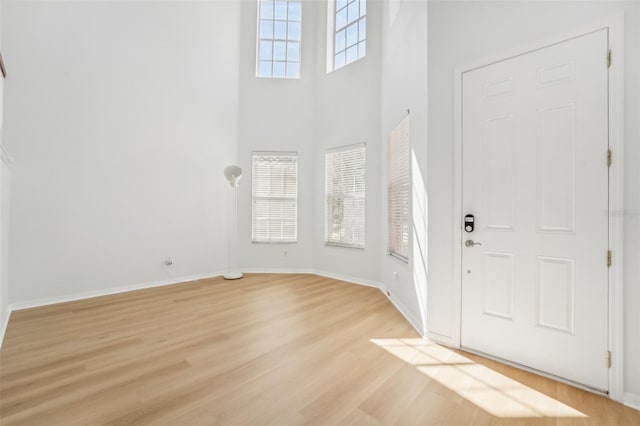 foyer entrance with light hardwood / wood-style flooring, a towering ceiling, and plenty of natural light