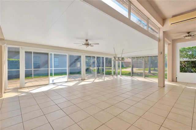 unfurnished sunroom with a wall mounted air conditioner and ceiling fan