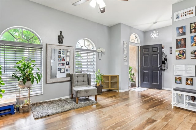 entrance foyer with hardwood / wood-style floors and ceiling fan