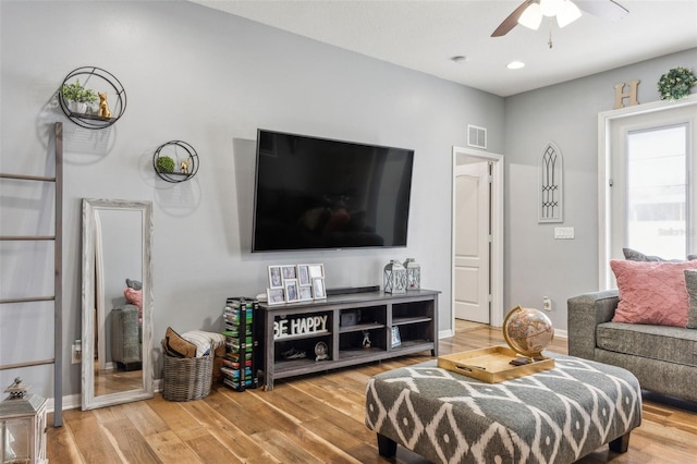 30552 Latourette Dr, Wesley Chapel, FL 33545 - living room featuring a ceiling fan, wood finished floors, baseboards, and recessed lighting
