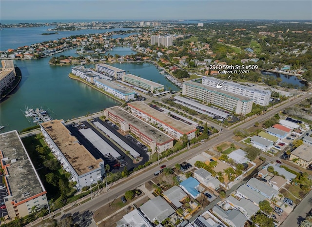 drone / aerial view with a water view