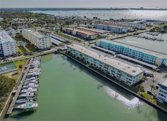 bird's eye view with a water view