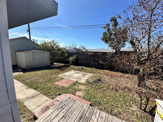 view of yard with a patio and a storage shed