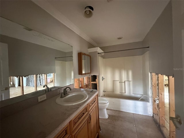 full bathroom with toilet, shower / bath combination, vanity, crown molding, and tile patterned flooring