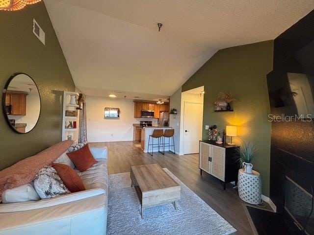 living room featuring lofted ceiling and hardwood / wood-style floors