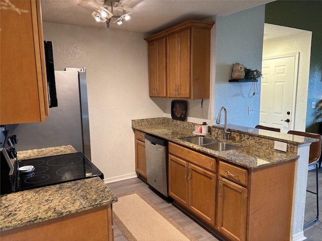 kitchen featuring sink, appliances with stainless steel finishes, light hardwood / wood-style flooring, and kitchen peninsula