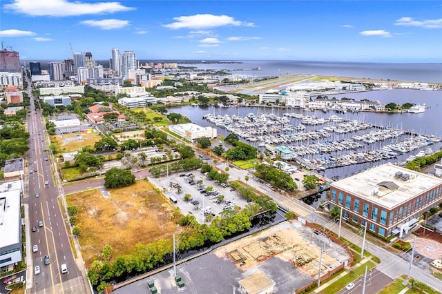 bird's eye view with a water view