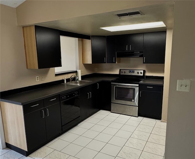 kitchen with stainless steel electric stove, black dishwasher, and sink