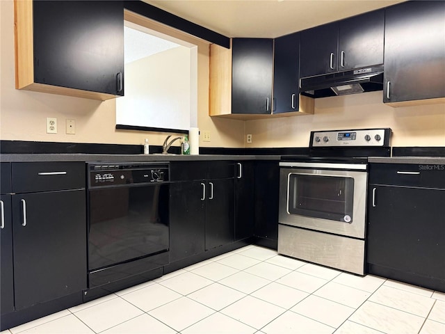 kitchen featuring black dishwasher, sink, light tile patterned flooring, and stainless steel electric range oven