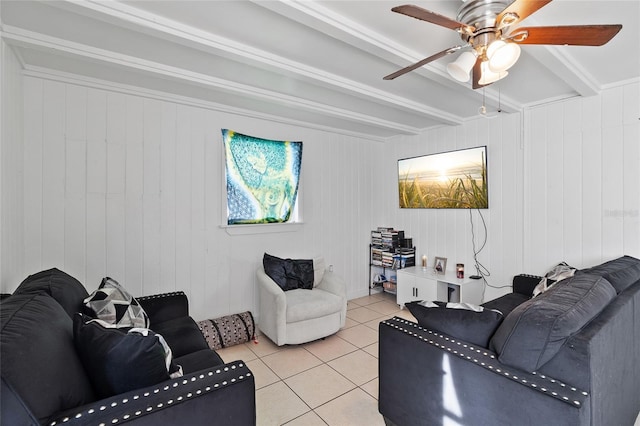 205 Santurce Ave, North Port, FL 34287 - living area featuring light tile patterned floors, beamed ceiling, and a ceiling fan